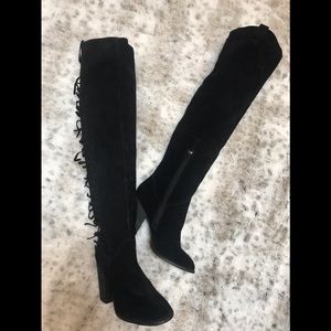 NWOT Carlos,  black suede over the knee boots with Fringe